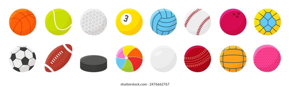 Diferentes pelotas deportivas. Bola de dibujos animados para el entrenamiento y el entrenamiento. Tenis, fútbol, baloncesto, golf y hockey. Clipart de Vector deportivo neotérico