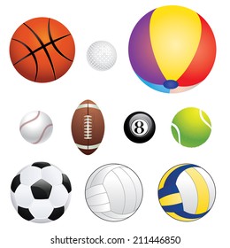 Different sport balls set on white background.
