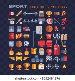 Different sport equipment and accessories pixel art 80s style icons. Boxing, diving, winner's trophy award, crossed flags isolated vector illustration. Design logo, sticker, app. Game assets 8-bit.