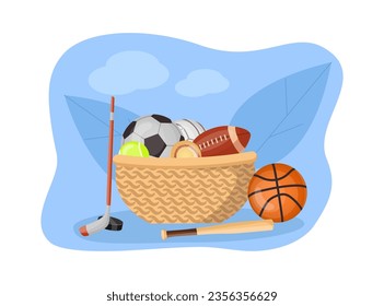 Different sport equipment in basket vector illustration. Basketball, football, tennis ball, baseball bat, hockey stick for training and competition. Sport, physical activity concept