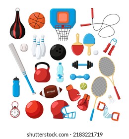 Juego de ilustraciones de dibujos animados de diferentes equipos deportivos. Chaquetas de tenis, baloncesto, botellas, campanas de púas, guantes de boxeo, patinetas. Fitness, herramientas para la actividad física, concepto de gimnasio