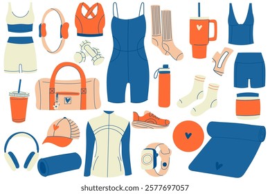 Different Sport equipment and clothes. Fitness inventory, pilates and yoga accessories. Healthy lifestyle concept. Hand drawn Vector set