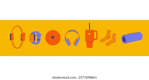 Different Sport equipment. Fitness inventory, gym accessories. Smart watch, sport bag, socks, headphones,thermo cup, exercise ball. Healthy lifestyle concept. Hand drawn Vector set