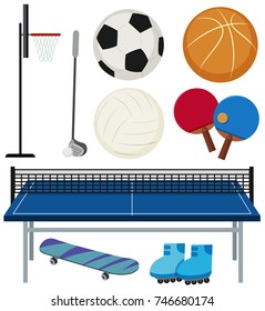 Different sport equipments on white background illustration