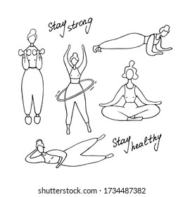 Different sport exercises. Girl training. Workout concept. Doodle vector graphic