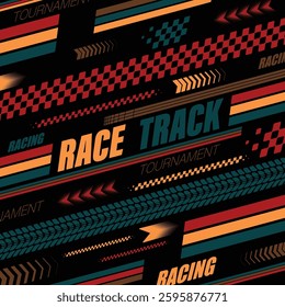 Different sport flags silhouettes for start and finish lines. Text and logo design with tire tracks and flags