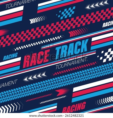 Different sport flags silhouettes for start and finish lines. Text and logo design with tire tracks and flags