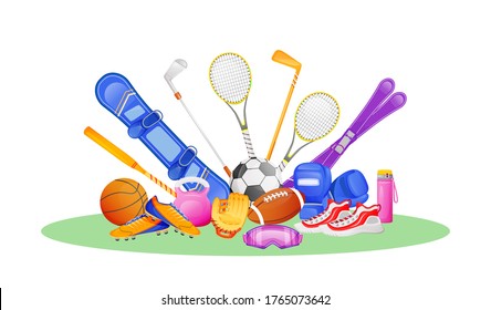 Different sport gear flat concept vector illustration. Footwear for exercising. Snowboarding and skiing. Golf bat. Sports equipment 2D objects for web design. Active lifestyle creative idea