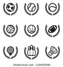 Different Sport icons, cups, shields and balls