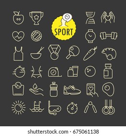 Different sport icons vector collection. Web and mobile app outline icons set on dark background
