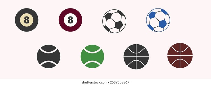 Diferentes deportes de bola de Vector conjunto de iconos. Fútbol, voleibol, juego de iconos de cricket. 