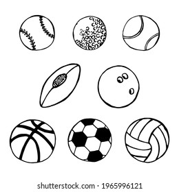 Different sports balls hand drawn black outlines vector doodle set EPS10