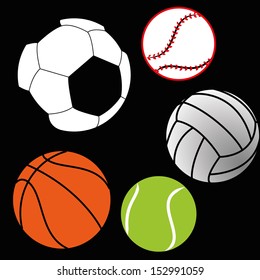 different sports balls on black background