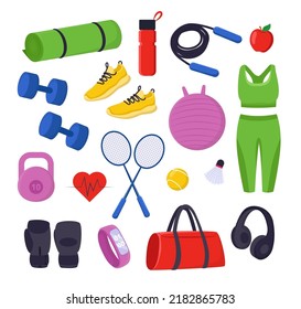 Different sports equipment and elements vector illustrations set. Gym accessories, yoga mat, shoes, water bottle isolated on white background. Fitness, sports, healthy lifestyle and diet concept