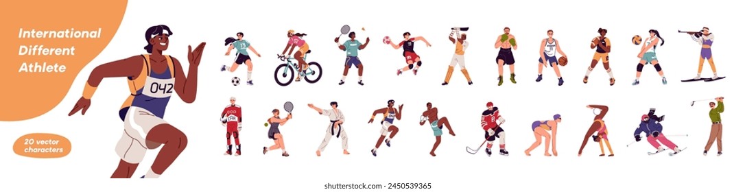 Different sportsmen, sportswomen play games set. Athletes of various sports: swimming, skiing. Football, basketball, tennis, ice hockey players. Flat isolated vector illustration on white background