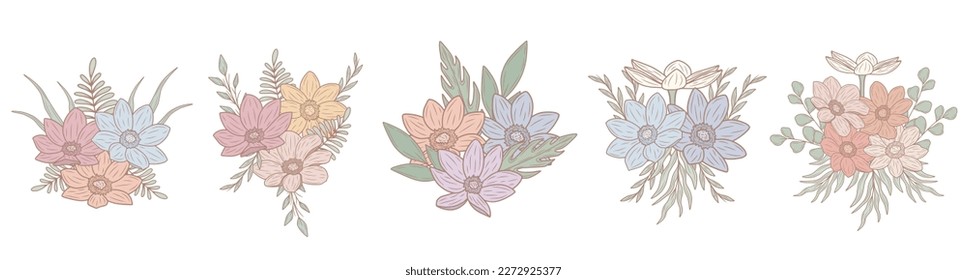 Different spring pastel bouquets with flowers and leaves, vector art.