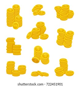 Verschiedene Stapel goldener Münzen. Vektorgrafiken von Goldgeld. Goldmünzen-Stack-Geld, Heap-Investment-Münzen