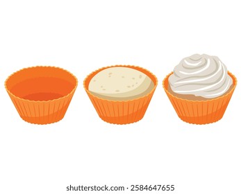 different stages of cupcake. Cartoon sweet fluffy muffins or cupcakes with cream. Birthday cake and frosting. Party food. 