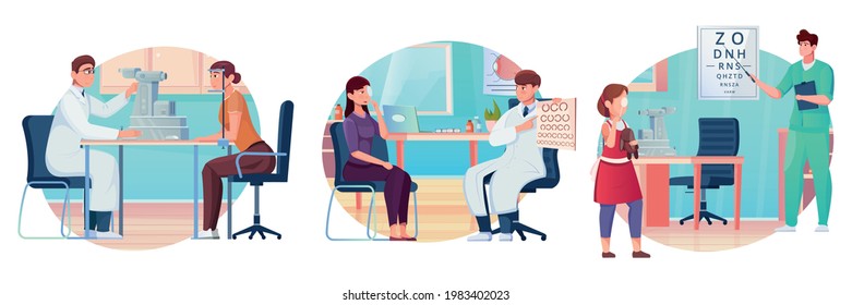 Different stages of eye examination in the ophthalmologists office flat vector illustration