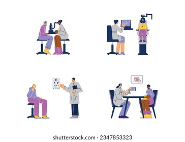 Different stages of eye examination in the ophthalmologists office. Professional optician checking eyesight of patient using eye microscope test machine. Flat vector isolated illustrations set