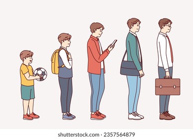 Different stages of man life from toddler to mature office manager, for progression concept. Different generations of men stand in row in ascending order, getting education and making career