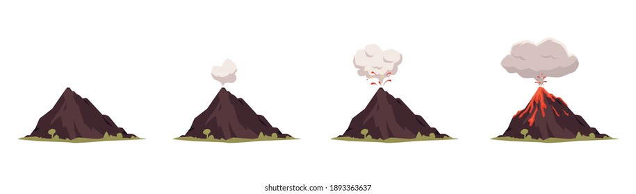 Different stages of volcano explosion icons set of flat vector illustrations isolated on white background. Infographic symbols of volcano mountain explosion.