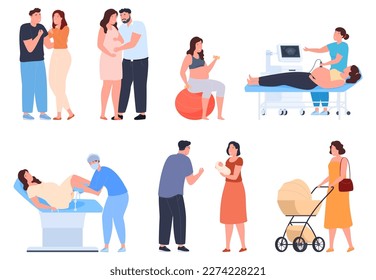 Different stages of a woman pregnancy. Gestation and birth of a child. Family preparing to become parents. Vector illustration