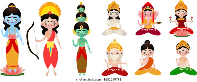 Different standing and sitting hindu deities vector illustration