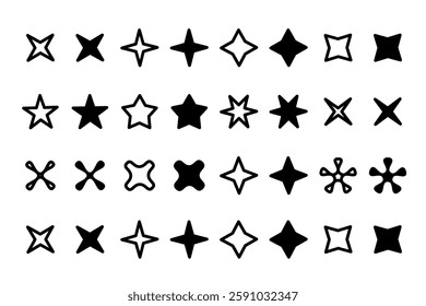 Different star shape set. Full color and line design isolated on white background.