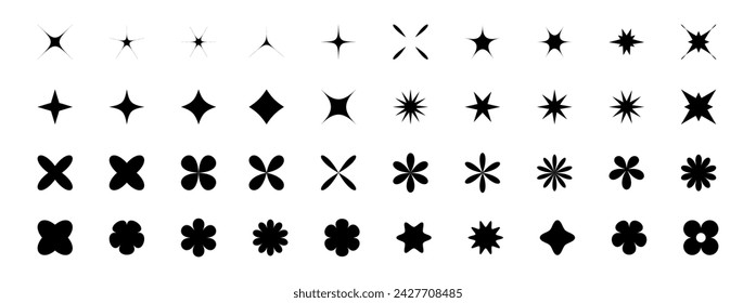 Different star shapes, elements set for design. Geometric brutalism forms, Memphis elements. Trendy Simple shapes forms, symbols and frames y2k style.