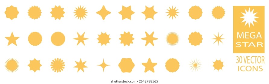 formas de estrelas diferentes. ícone de estrelas cintilantes vetoriais diferentes, formas de brilho decorativo e intermitências. coleção de ícones de estrelas em várias formas e estilos. Ícones de estrela apresentam diferentes designs