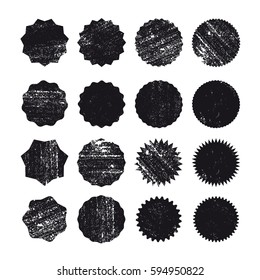 Different starburst sunburst badges, black shapes. Blank shapes. Vector illustration distress textures.