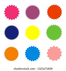 Different starburst, sunburst badges, shapes in 9 color. Vector illustration. Isolated on white background