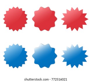 Different starburst. Sunburst badges vector illustration set. Red and blue starburst.