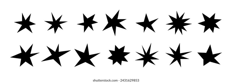 Different stars and sparkles. Hand drawn, doodle abstract elements isolated on a white background. Black modern trendy shapes. Vector illustration