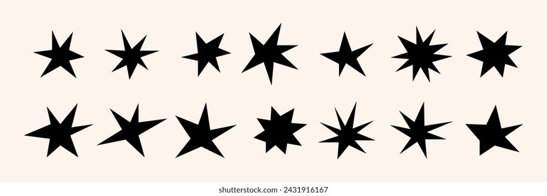 Diferentes estrellas y destellos. Dibujado a mano, doodle elementos abstractos aislados en un fondo blanco. Formas modernas negras de moda. Ilustración de vector