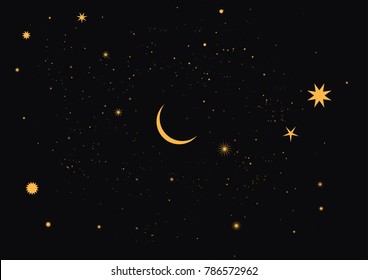 Different Stars and a Waning Crescent Moon as a Background