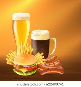 Different starters glass and mug full of cold beer realistic vector illustration