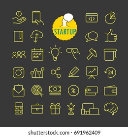 Different startup icons vector collection. Web and mobile app outline icons set on dark background