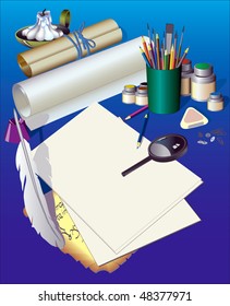Different stationary, paper and candle on a dark blue background