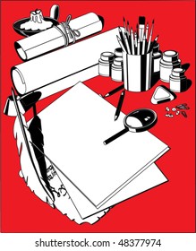 Different stationary, paper and candle on a red background