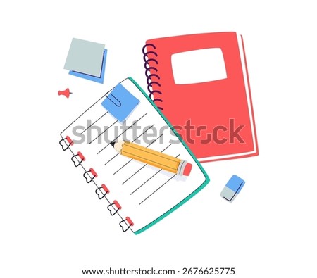 Different stationary set. Notebooks,  jotting and notepads, memo pads, planners, organizers for making writing notes and isolated on white background. Decorative design elements. Vector illustration