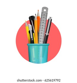 Different stationery items in blue plastic glass composition in red circle on white background realistic vector illustration