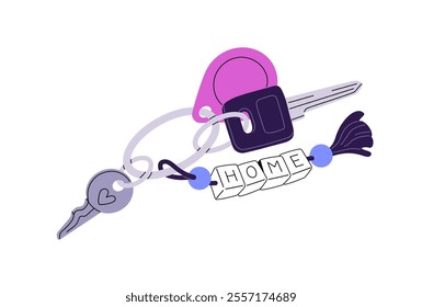 Different steel keys hanging on keyring with trinket. Keychain, bunch from home or office. Keyfob, keyholder to lock and unlock house, doorphone. Flat isolated vector illustration on white background