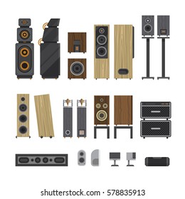 Different stereo acoustic systems. Speaker systems for listening high definition audio. Amplified monitors and subwoofers. Small computer speakers and high end loudspeakers. Vector illustration.