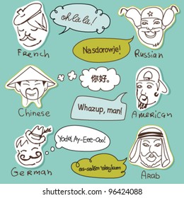 Different stereotypes of nationalities from all over the world. Hand drawn doodles.