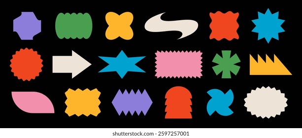 Different sticker shape set. Abstract retro pop art border element collection. Colorful geometric frame pack for badge, tag, label, banner, poster design, sign, icon. Swiss style patch bundle. Vector