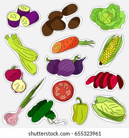 Different sticker style vegetables on white background