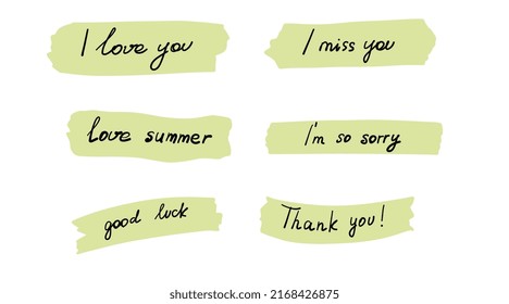 Different stickers with the text of apologies, declarations of love, wishes of good luck, gratitude and love for summer. Text on a piece of paper. Vector illustration