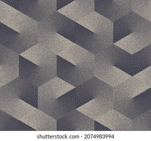 Different Stippled Isometric Cube Shapes Seamless Pattern Geometric Vector Abstract Background. Halftone Modern Texture Dotwork Hexagons Repetitive Wallpaper. Retro Colors Hand Drawn Art Illustration
